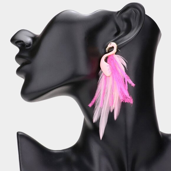 Boutique Jewelry - Enamel Flamingo Feather Earrings Tropical Pink Bird Jewelry NEW